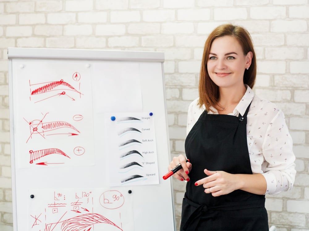 How Long Is Cosmetology School in Illinois? 3 Beauty instructor teaching eyebrow shaping techniques with diagrams during classroom session