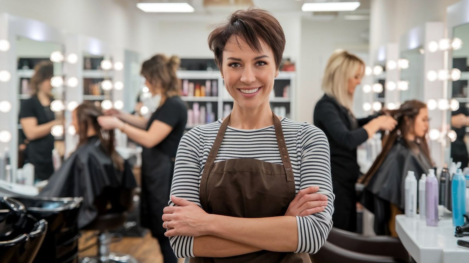 Student performing a hair service in a real salon environment under instructor supervision while instructor poses in front of camera