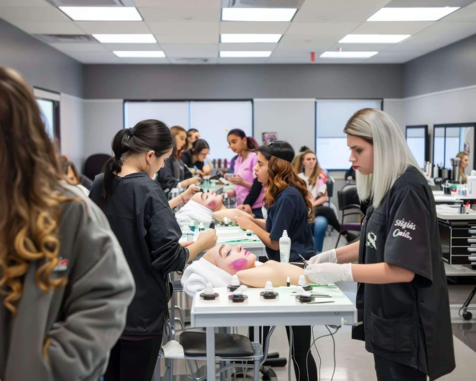 Cosmetology & Spa Academy students practicing facial treatments and skincare techniques in a classroom setting.