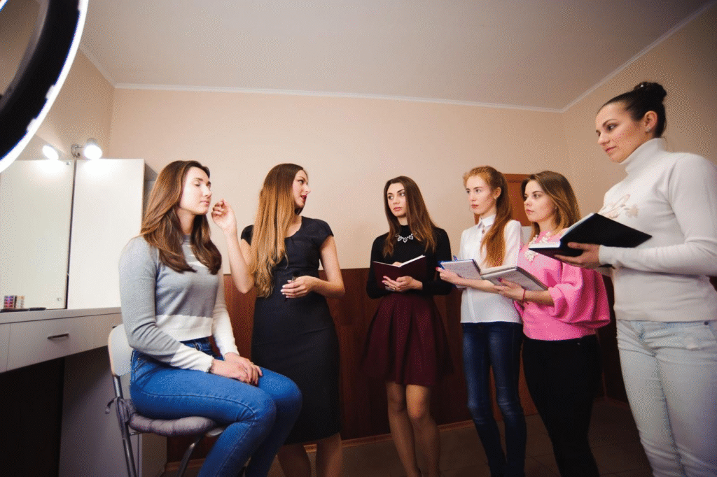Training students at cosmetology school