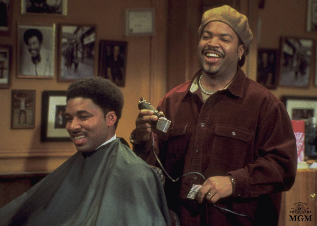 Ice Cube as Calvin Palmer Jr. cutting hair in Barbershop movie scene