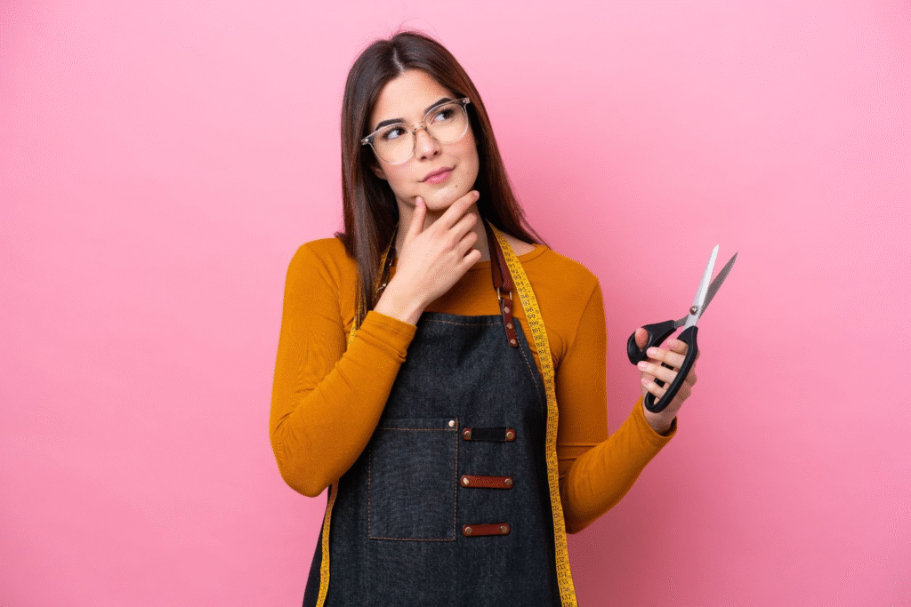 Cosmetologist vs. Esthetician vs. Barber: Choosing the Right Beauty Career Path 1 Young cosmetology student holding scissors and thinking about beauty career choices