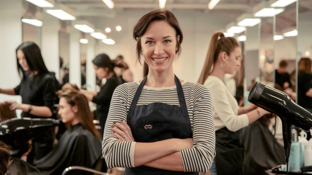 Student looking at camera while other students are hand on training behind