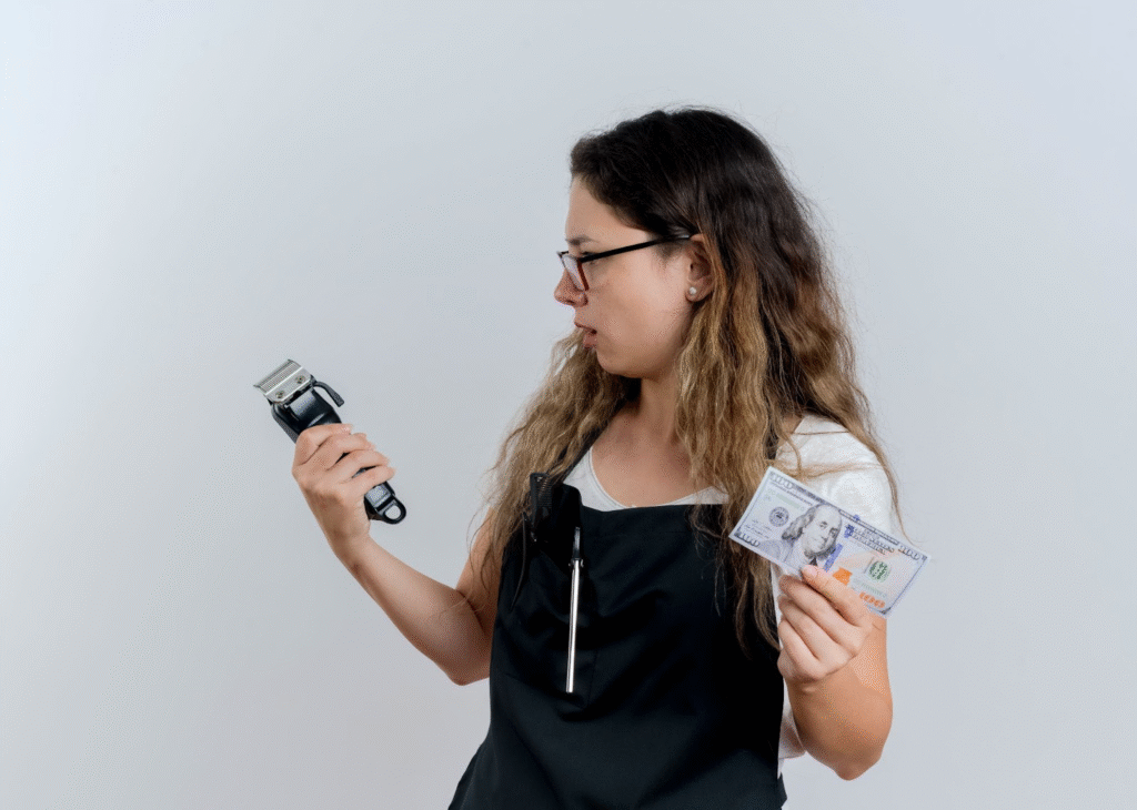 Cosmetologist vs. Esthetician vs. Barber: Choosing the Right Beauty Career Path 5 Barber holding hair clippers and money while considering barber salary