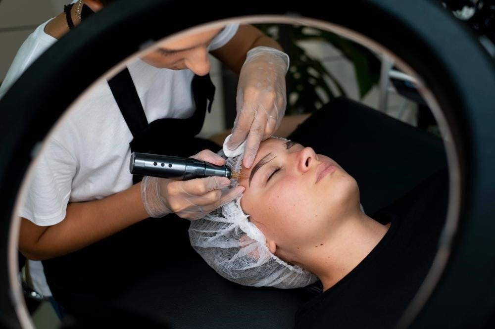 How to Become a Brow Technician: Essential Skills and Certification Guide 3 Brow technician working on a client after getting her brow tech certification.