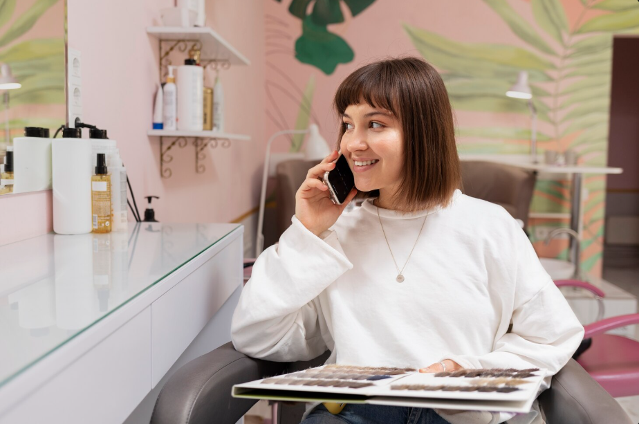 Person on phone in salon.